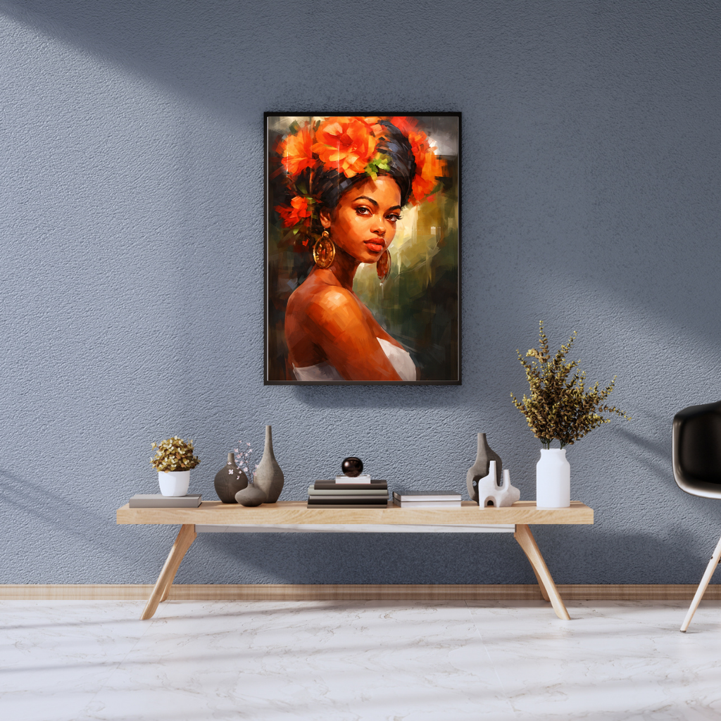 African Woman Floral Portrait Wall Art - Framed Canvas Print