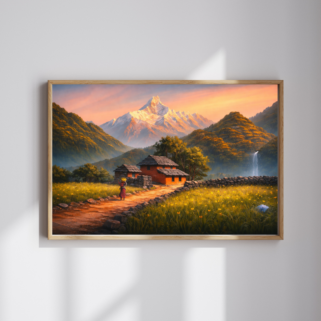 Himalayan Village Sunset Landscape Wall Art - Framed Canvas Print