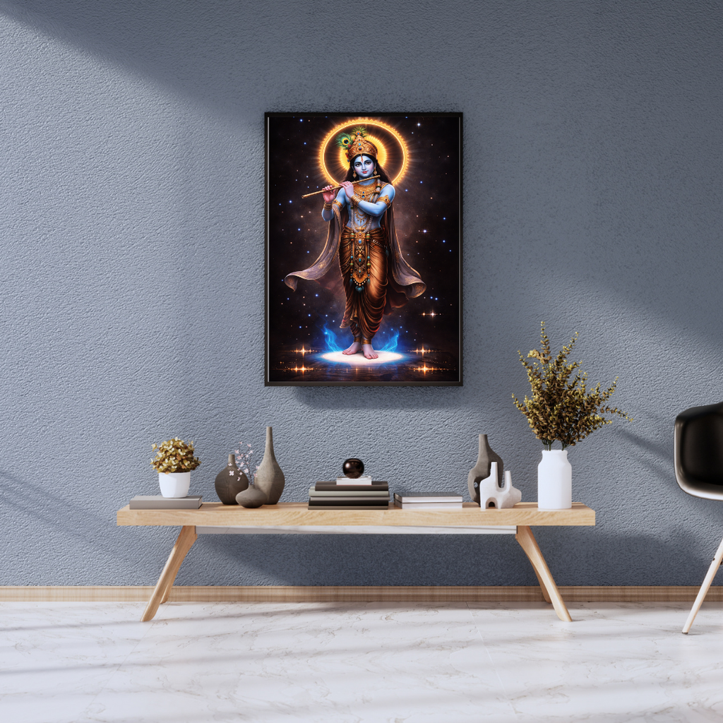 Lord Krishna Cosmic Flute Wall Art - Framed Canvas Print