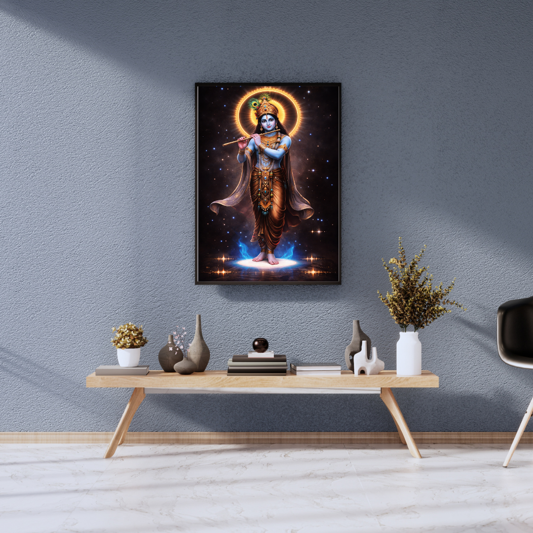 Lord Krishna Cosmic Flute Wall Art - Framed Canvas Print