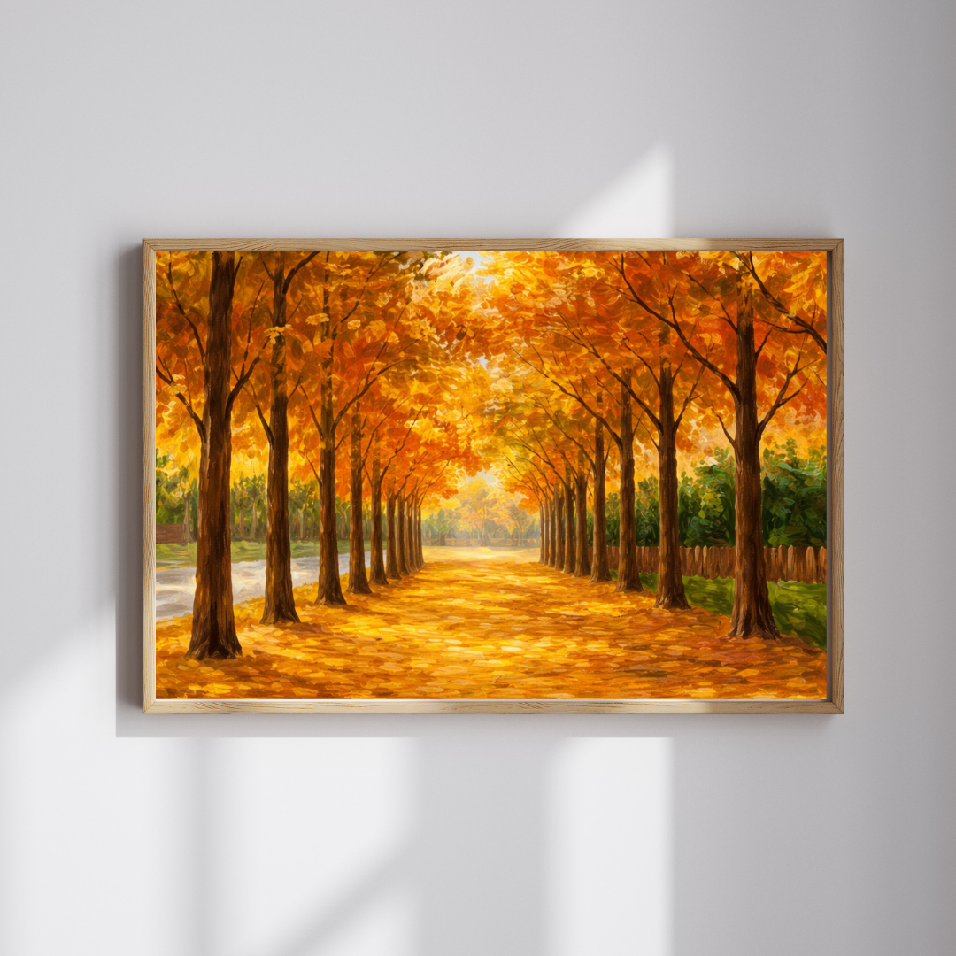 Golden Autumn Tree Avenue Oil Painting Wall Art - Framed Canvas Print