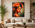 African Woman Floral Portrait Wall Art - Framed Canvas Print