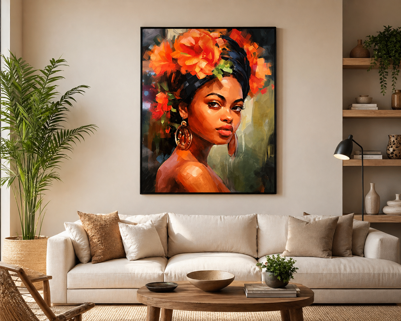 African Woman Floral Portrait Wall Art - Framed Canvas Print