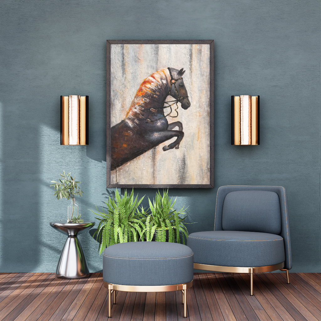 Rearing Black Horse Abstract Wall Art - Framed Canvas Print