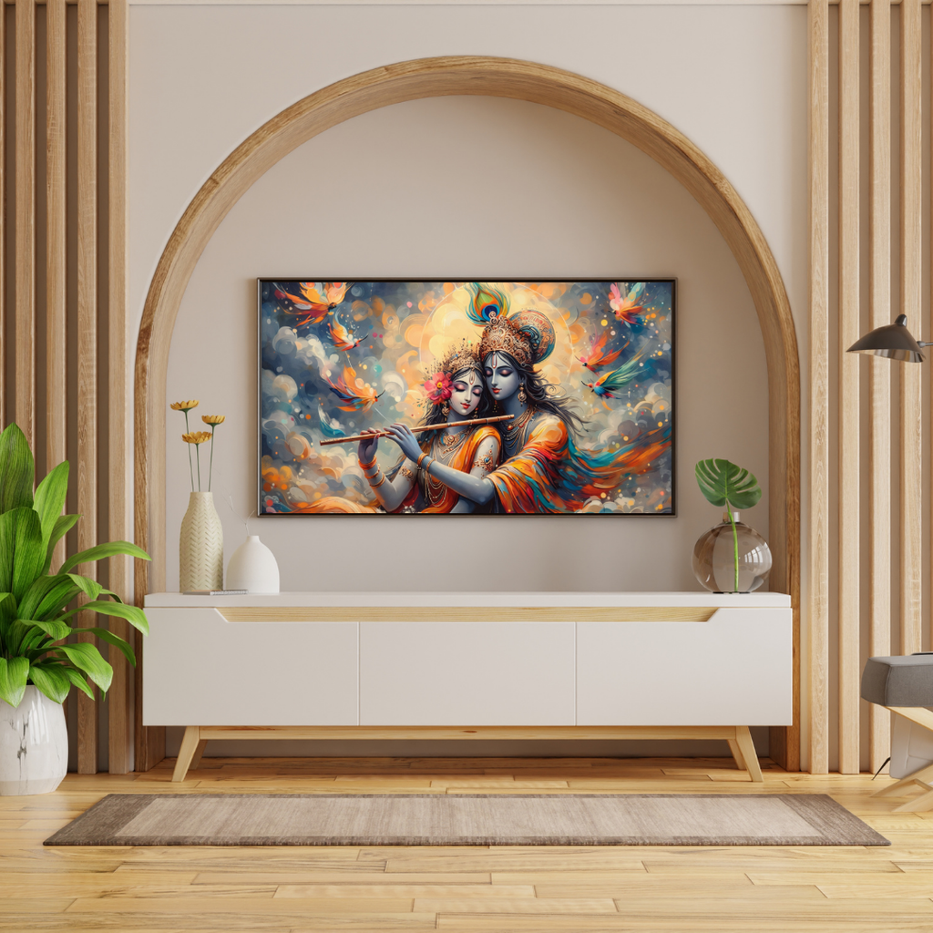 Radha Krishna Celestial Flute Wall Art - Framed Canvas Print