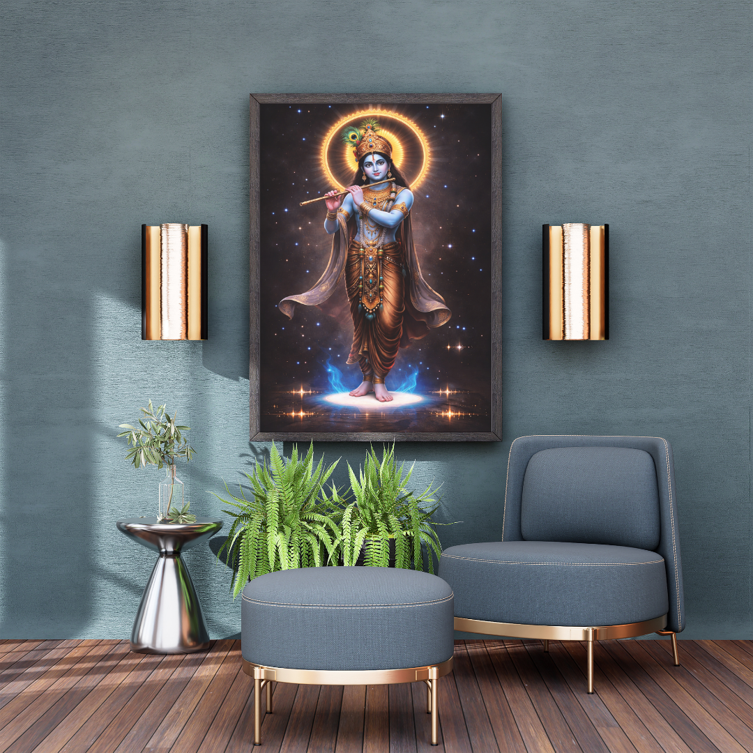 Lord Krishna Cosmic Flute Wall Art - Framed Canvas Print