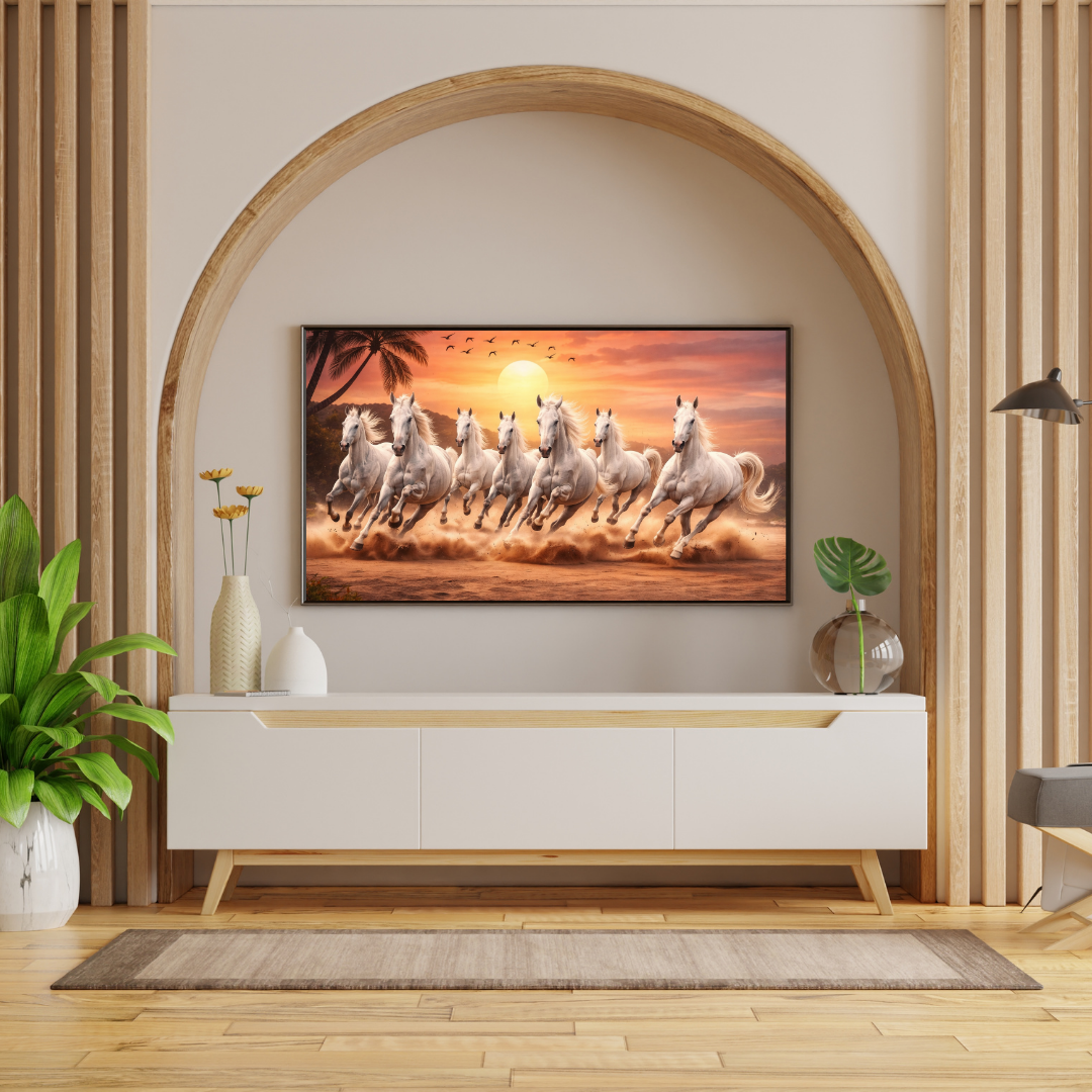 Seven White Horses Sunset Wall Art - Framed Canvas Print