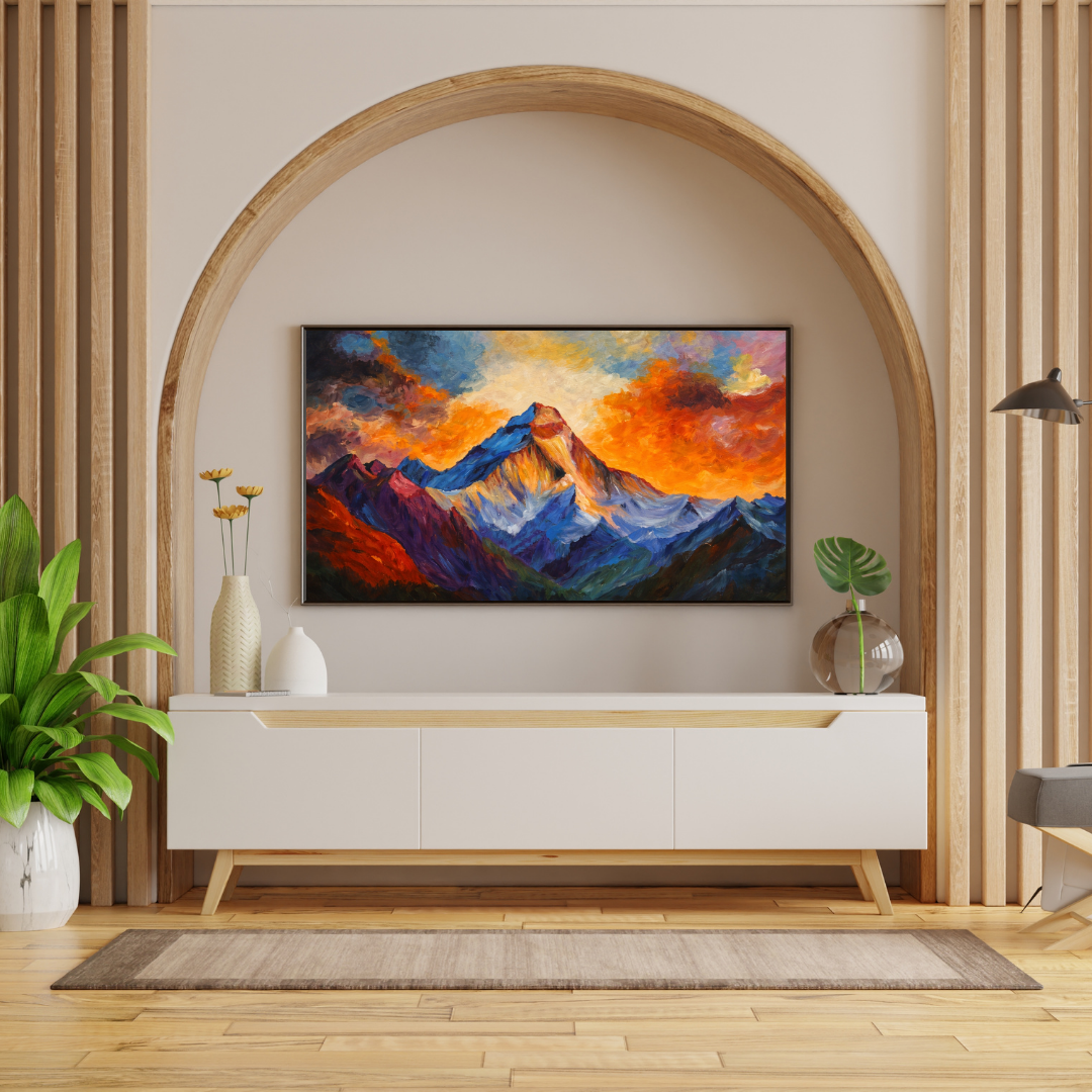 Himalayan Peak Fiery Sky Abstract Wall Art - Framed Canvas Print