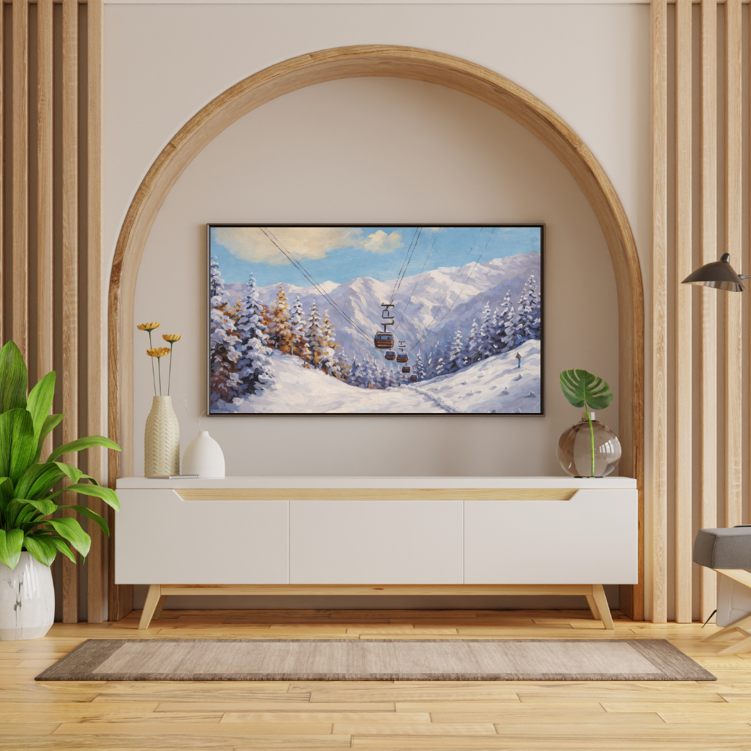 Alpine Ski Resort Gondola Oil Painting Wall Art - Framed Canvas Print