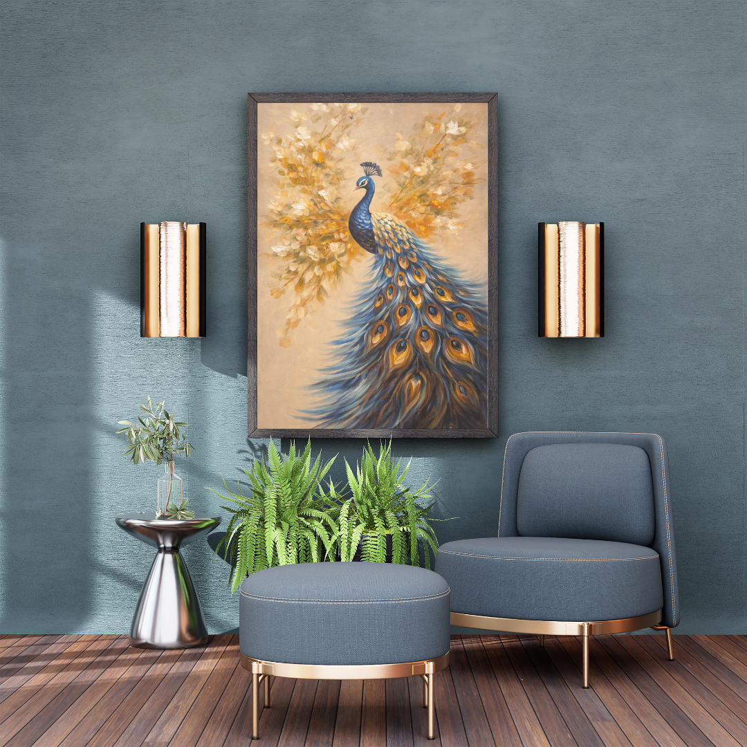 Golden Peacock Floral Wall Art - Framed Canvas Print