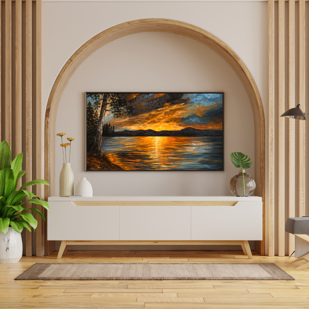 Lakeside Sunset Storm Oil Painting Wall Art - Framed Canvas Print