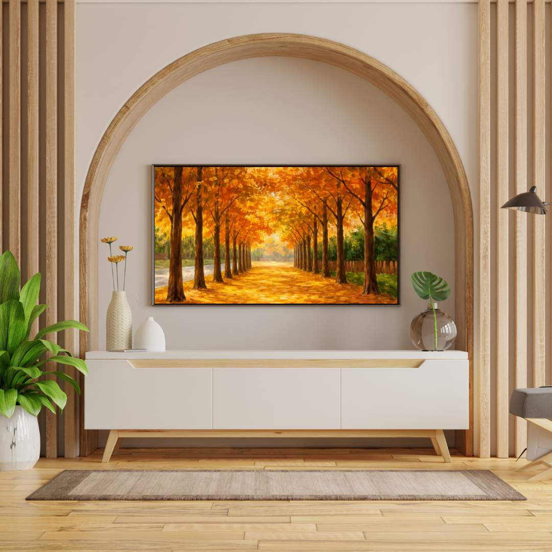 Golden Autumn Tree Avenue Oil Painting Wall Art - Framed Canvas Print