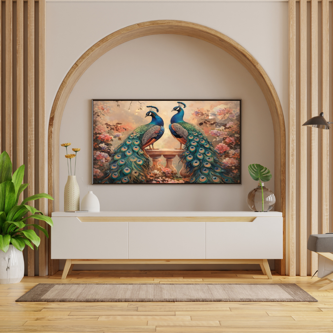 Twin Peacocks Floral Garden Wall Art - Framed Canvas Print