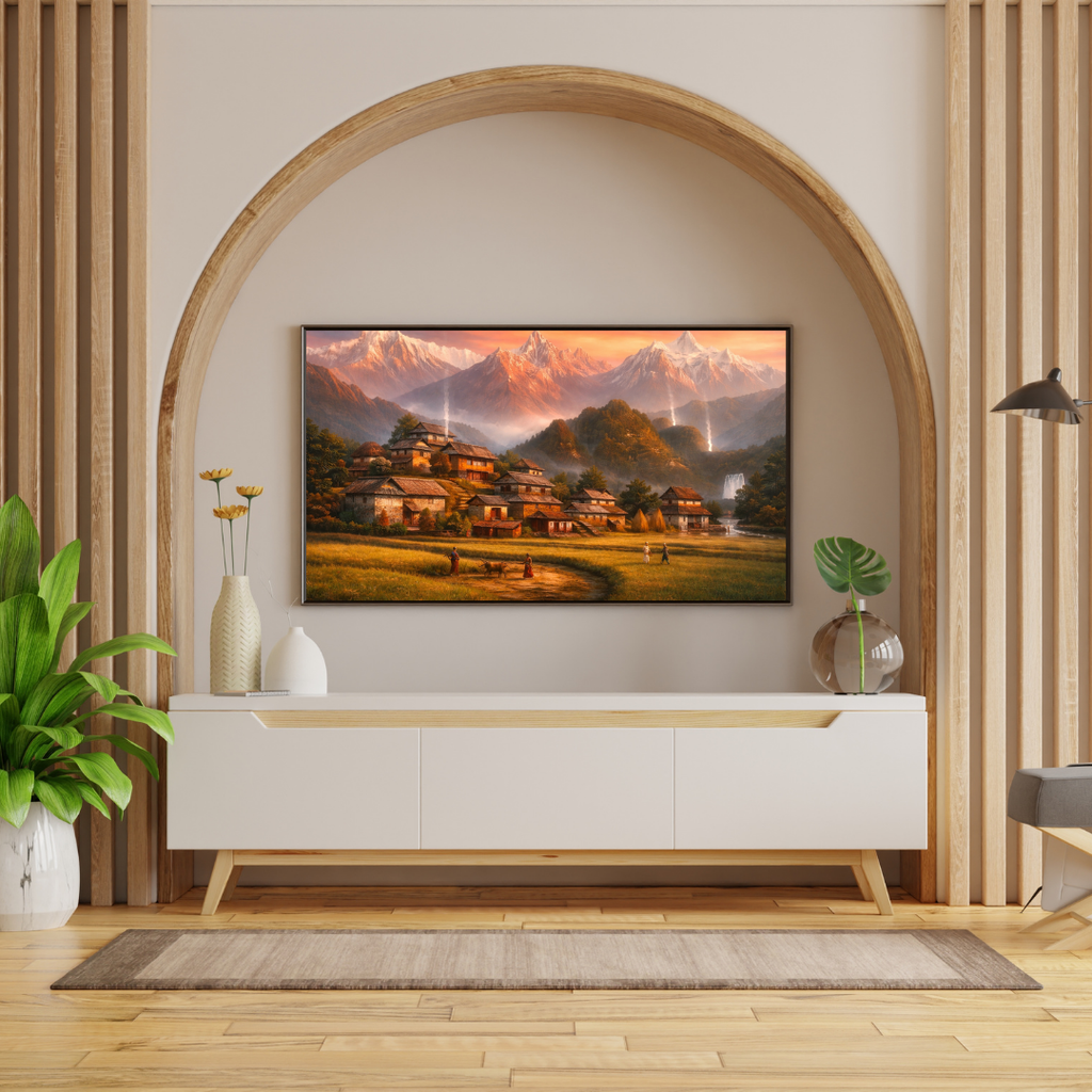 Himalayan Village Golden Hour Wall Art - Framed Canvas Print