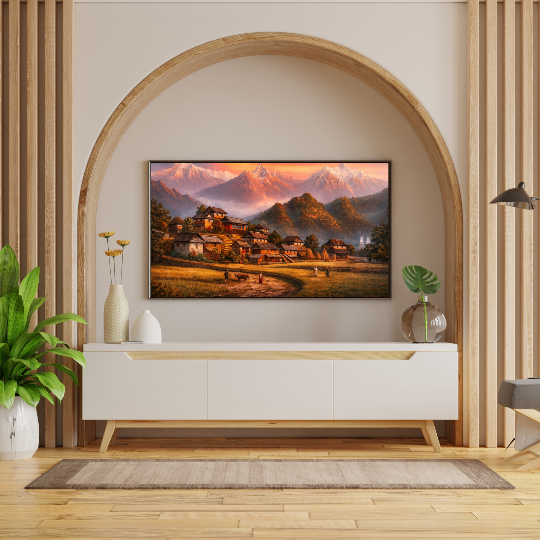 Himalayan Village Life at Sunset Wall Art - Framed Canvas Print