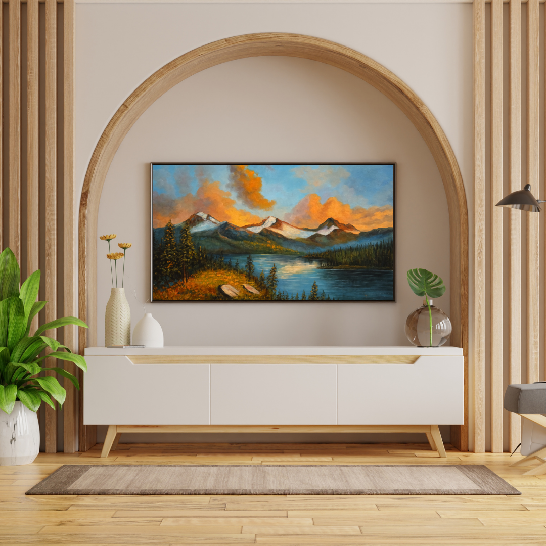 Alpine Lake Sunset Oil Painting Wall Art - Framed Canvas Print