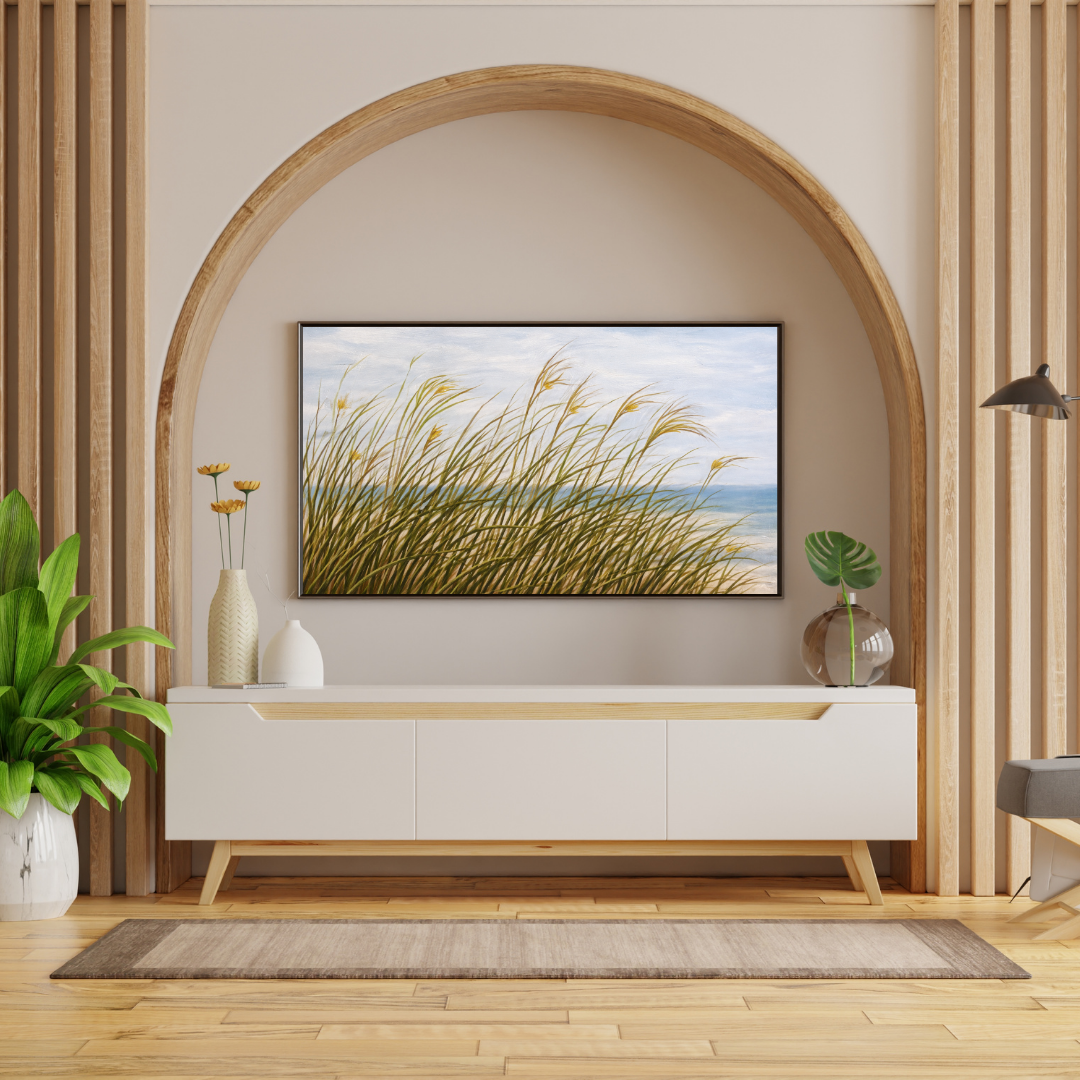 Coastal Dune Grass Breeze Oil Painting Wall Art - Framed Canvas Print
