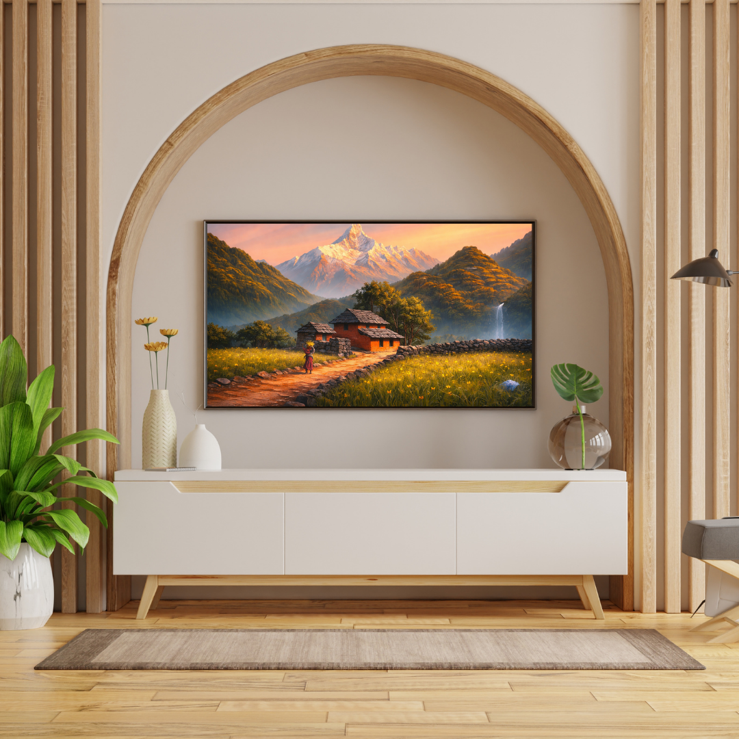 Himalayan Village Sunset Landscape Wall Art - Framed Canvas Print