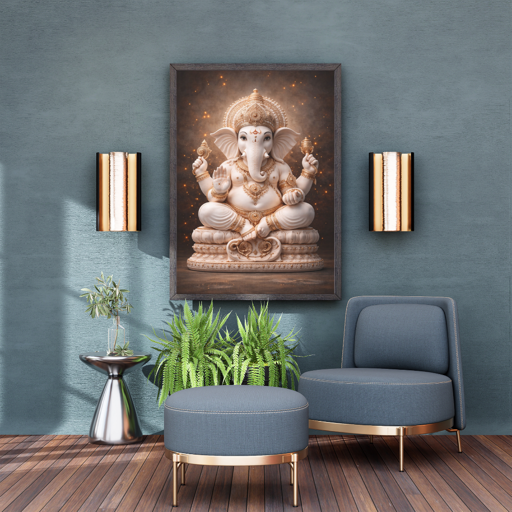 Lord Ganesha Marble Wall Art - Framed Canvas Print