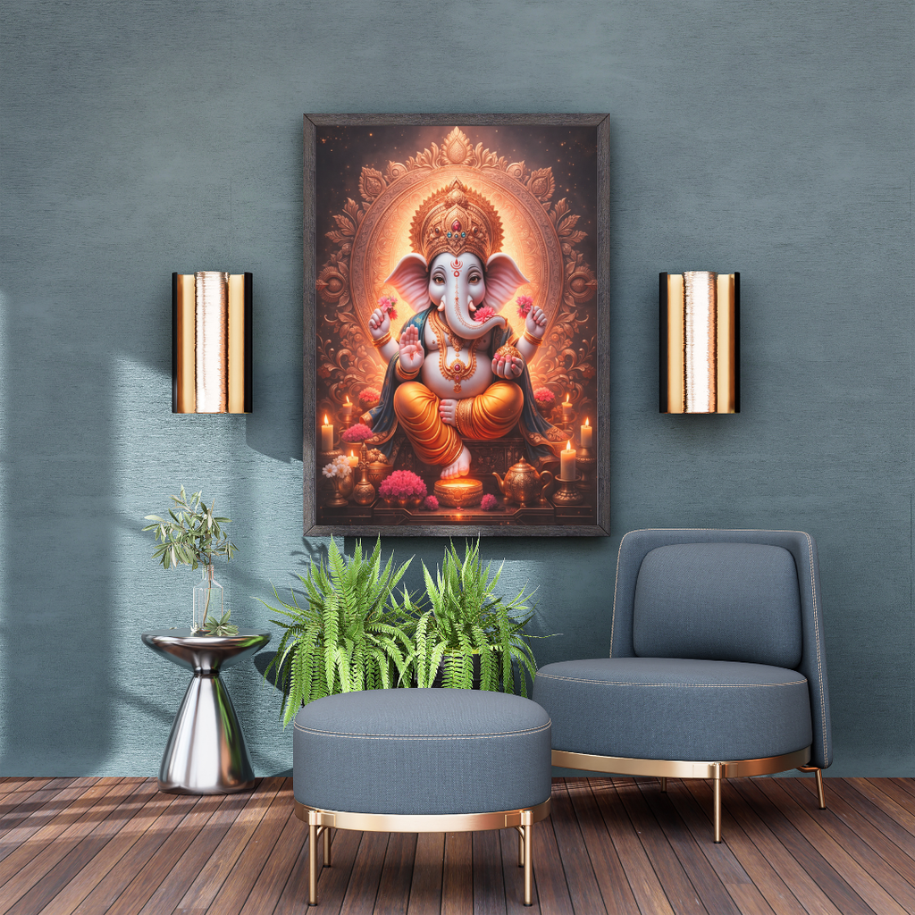 Lord Ganesha Candlelit Mandala Wall Art - Framed Canvas Print