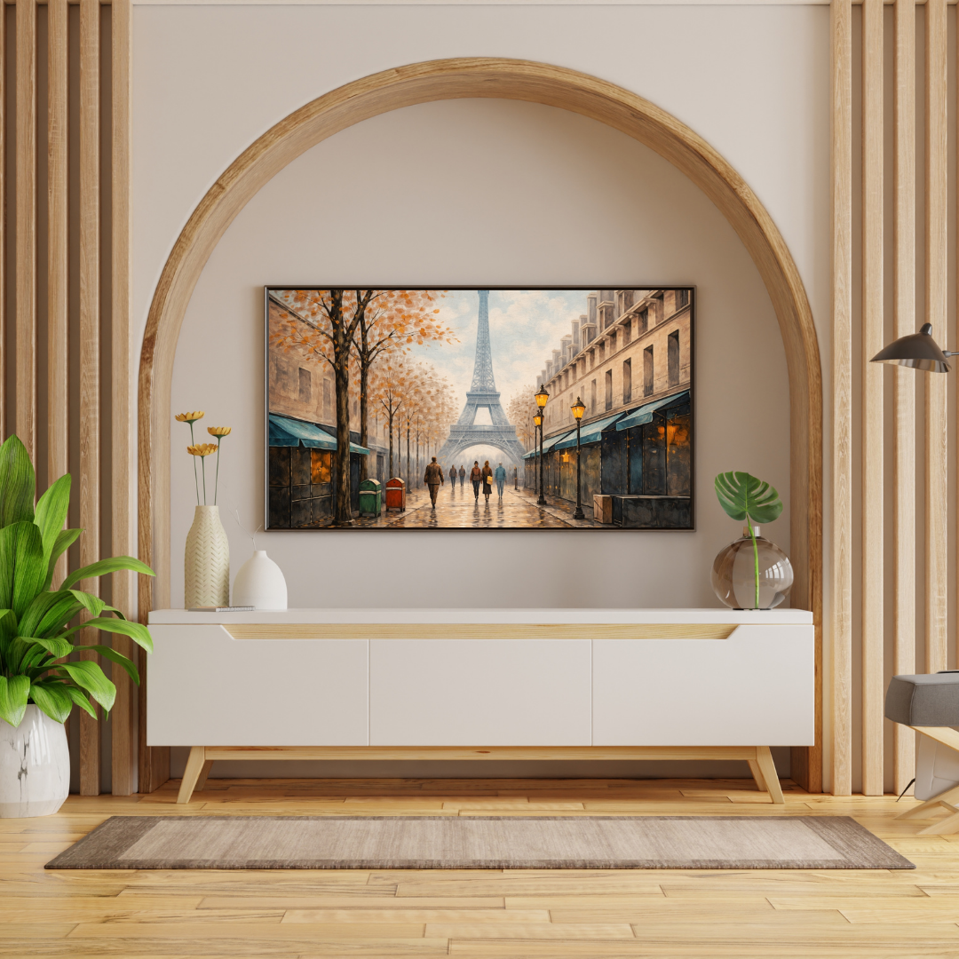 Parisian Autumn Street Eiffel Tower Wall Art - Framed Canvas Print