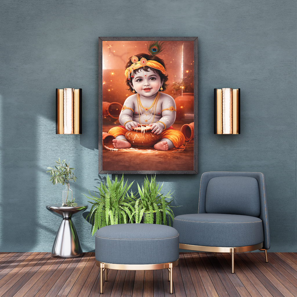 Baby Krishna Makhan Chor Wall Art - Framed Canvas Print