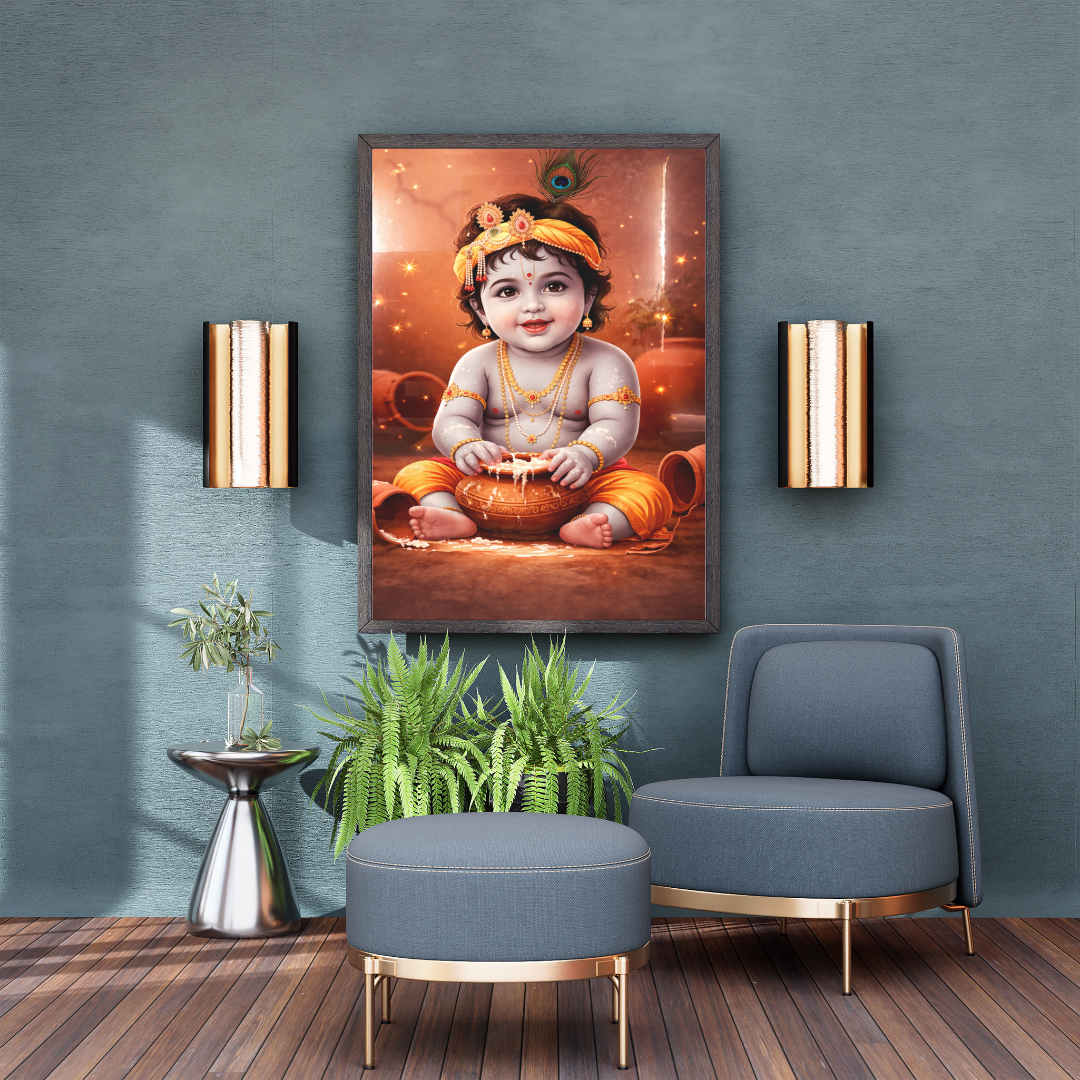 Baby Krishna Makhan Chor Wall Art - Framed Canvas Print