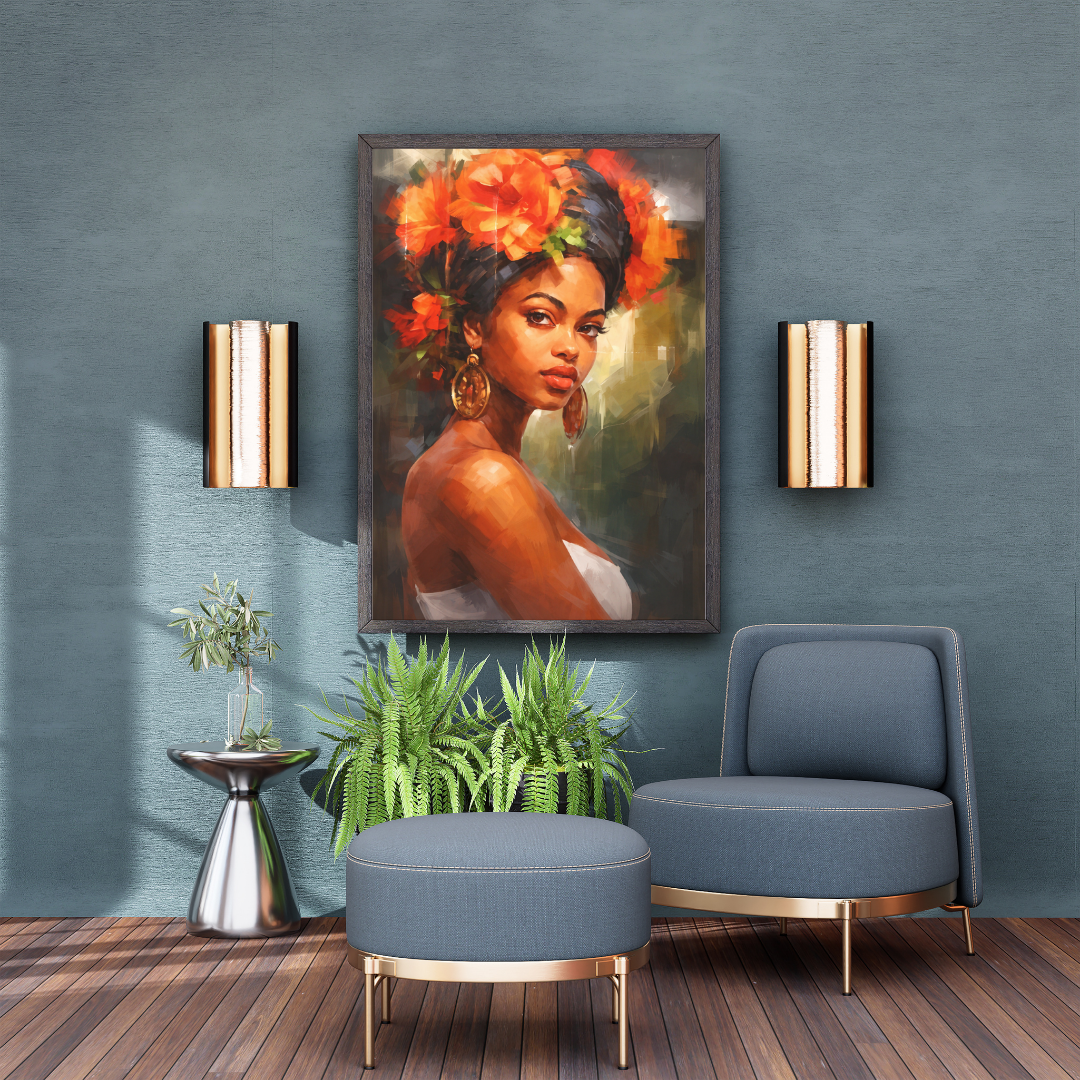 African Woman Floral Portrait Wall Art - Framed Canvas Print