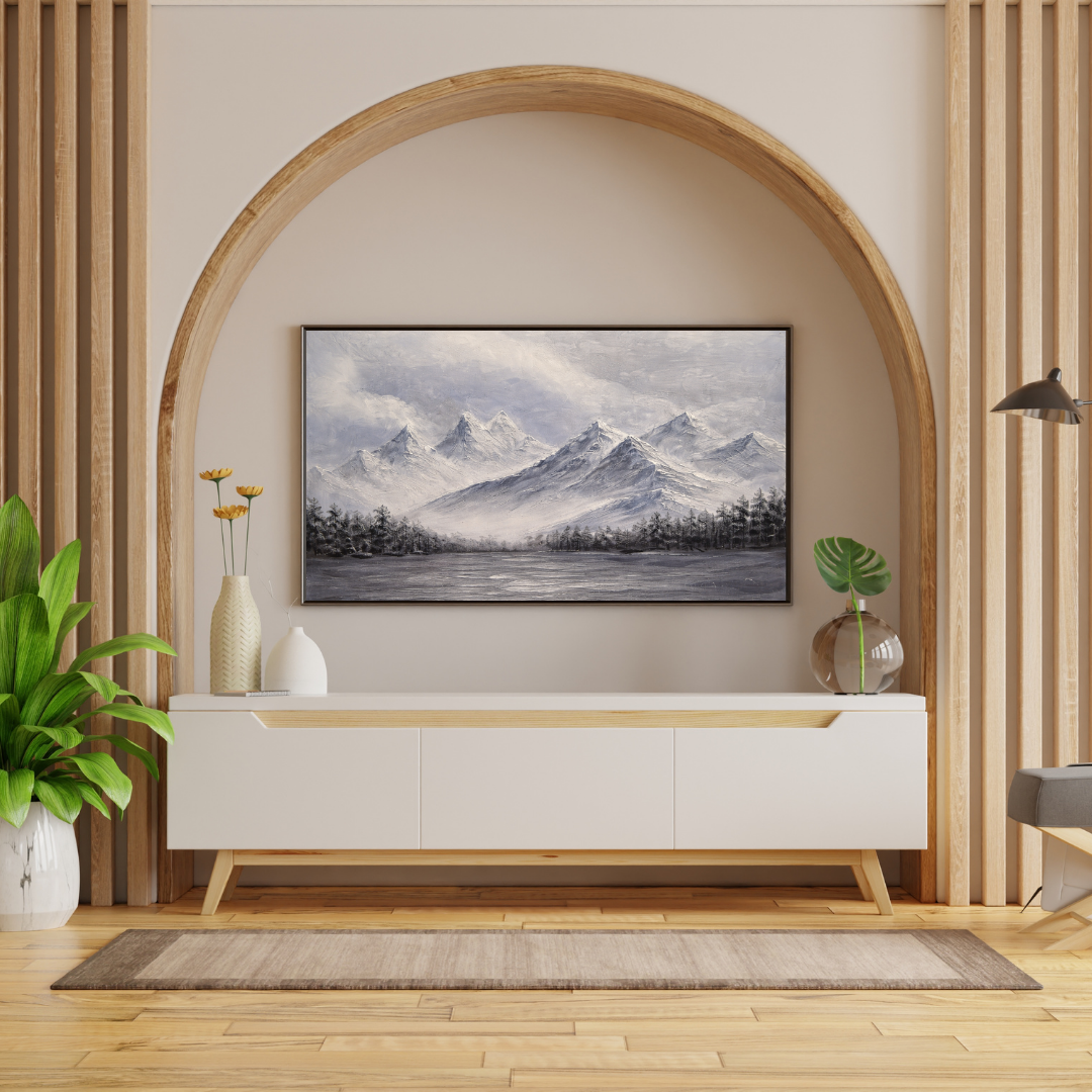 Misty Snow Mountain Lake Oil Painting Wall Art - Framed Canvas Print