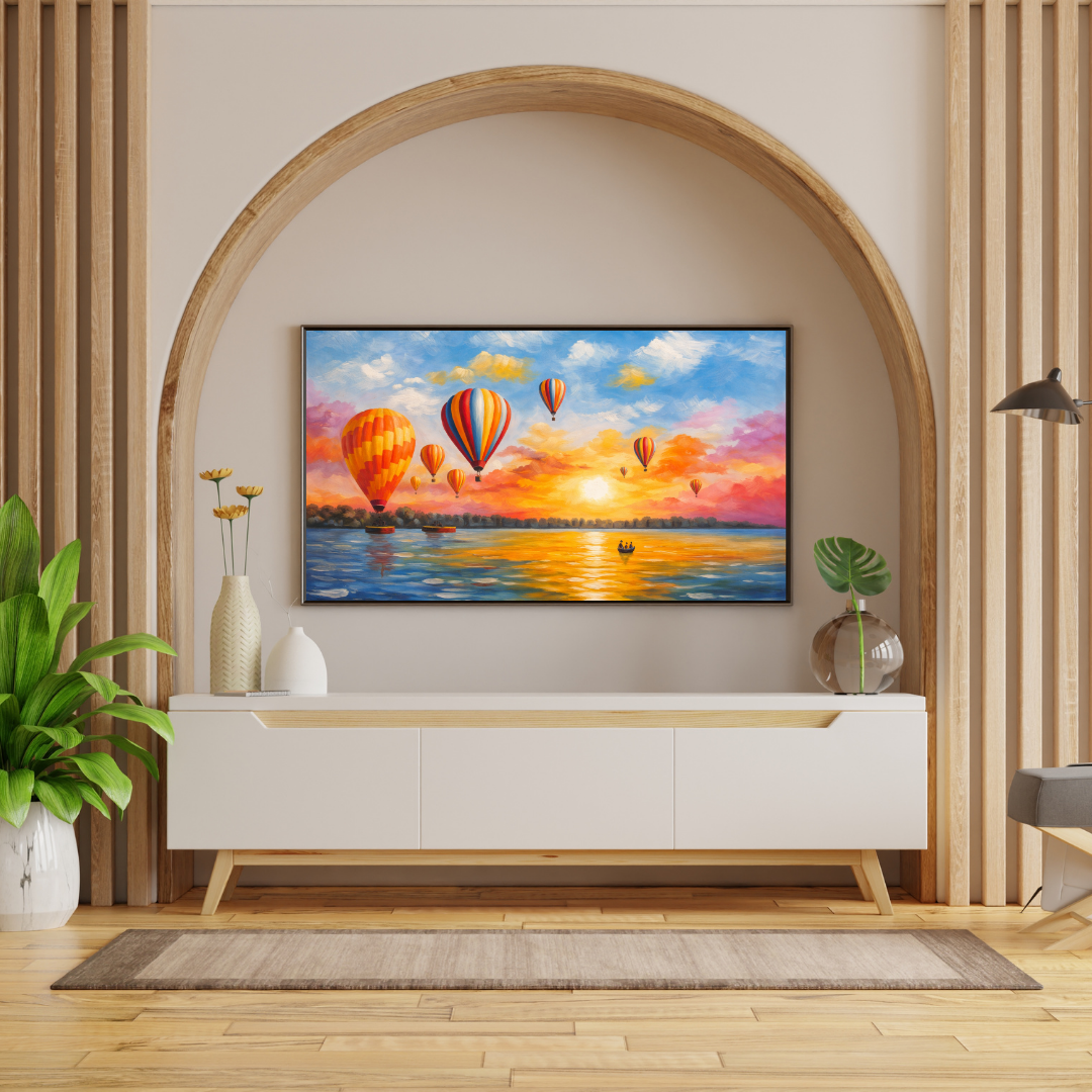 Hot Air Balloons Sunset Lake Oil Painting Wall Art - Framed Canvas Print