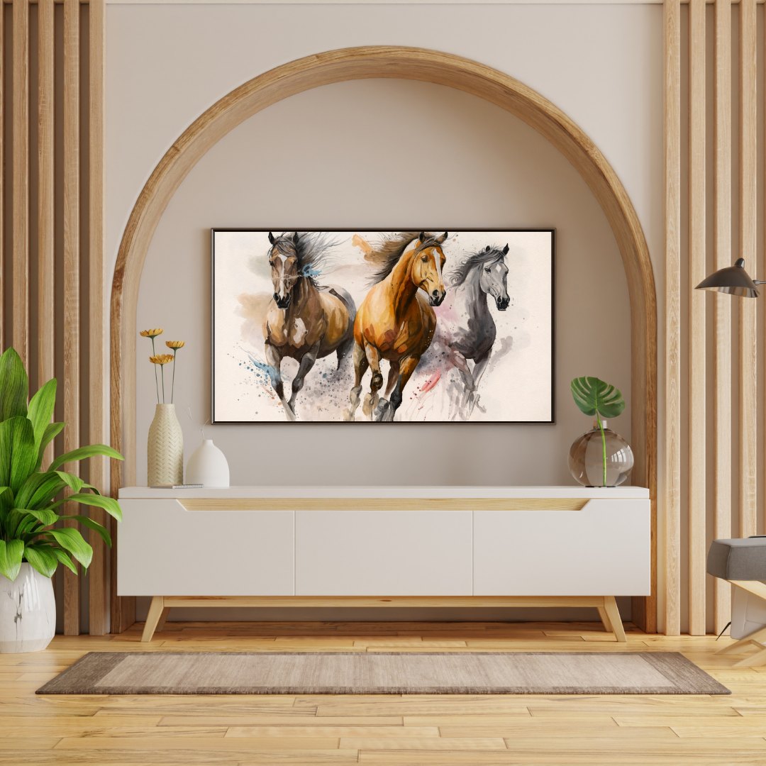 Three Galloping Horses Watercolour Wall Art - Framed Canvas Print