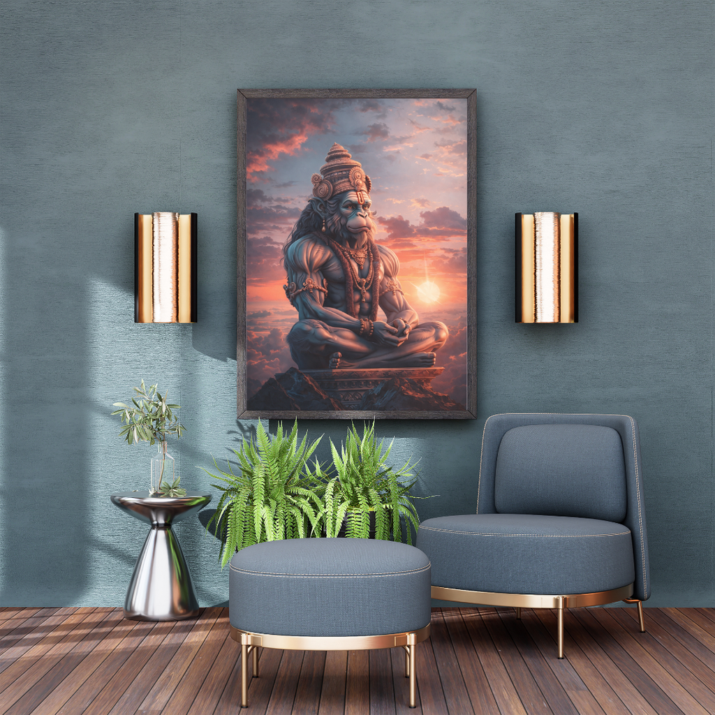 Hanuman Sunset Meditation Wall Art - Framed Canvas Print