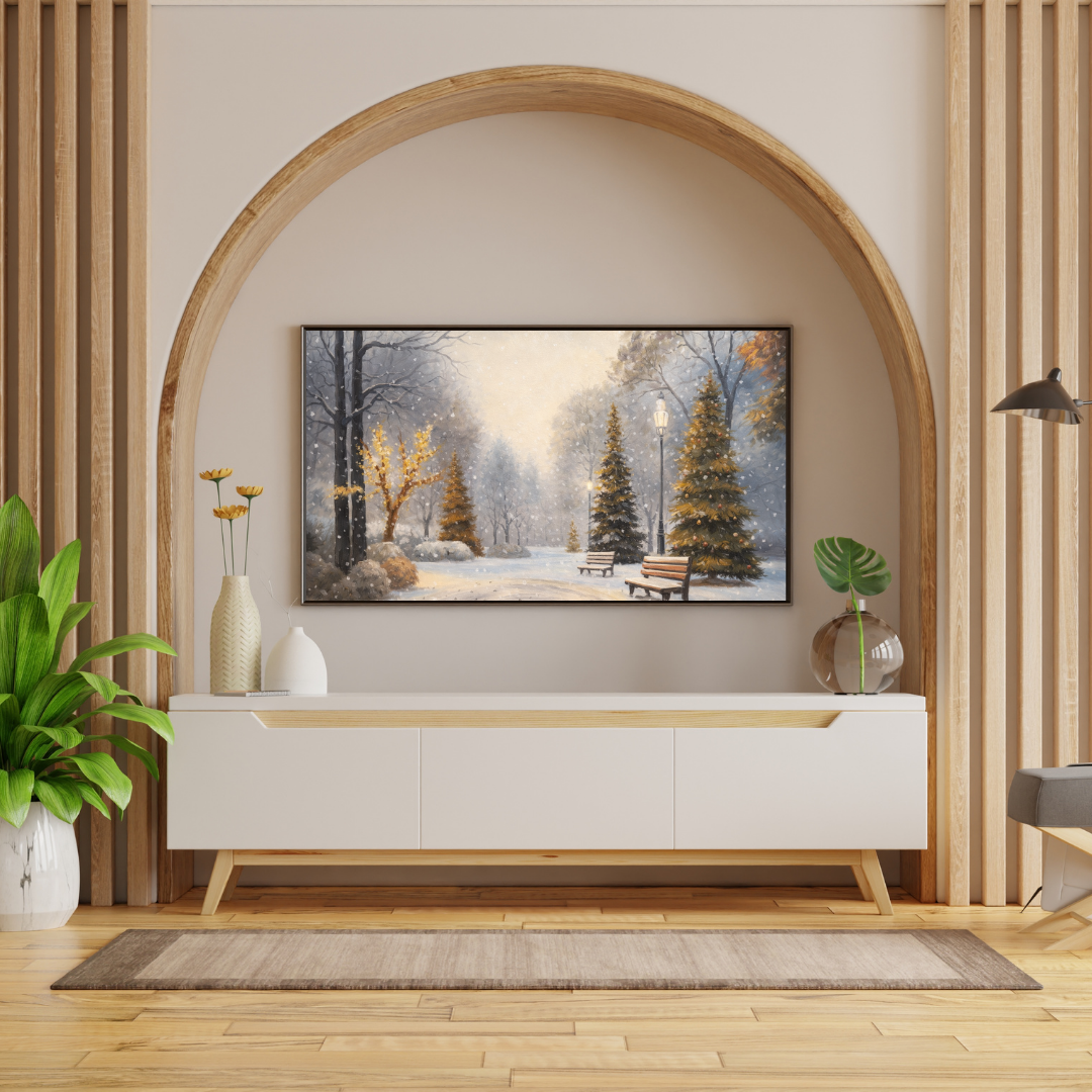 Winter Park Christmas Eve Oil Painting Wall Art - Framed Canvas Print