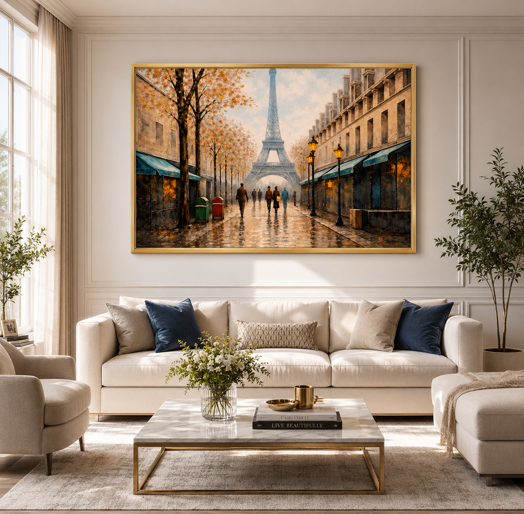 Parisian Autumn Street Eiffel Tower Wall Art - Framed Canvas Print