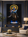 Lord Krishna Cosmic Flute Wall Art - Framed Canvas Print