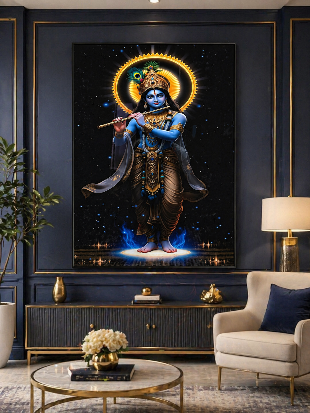 Lord Krishna Cosmic Flute Wall Art - Framed Canvas Print