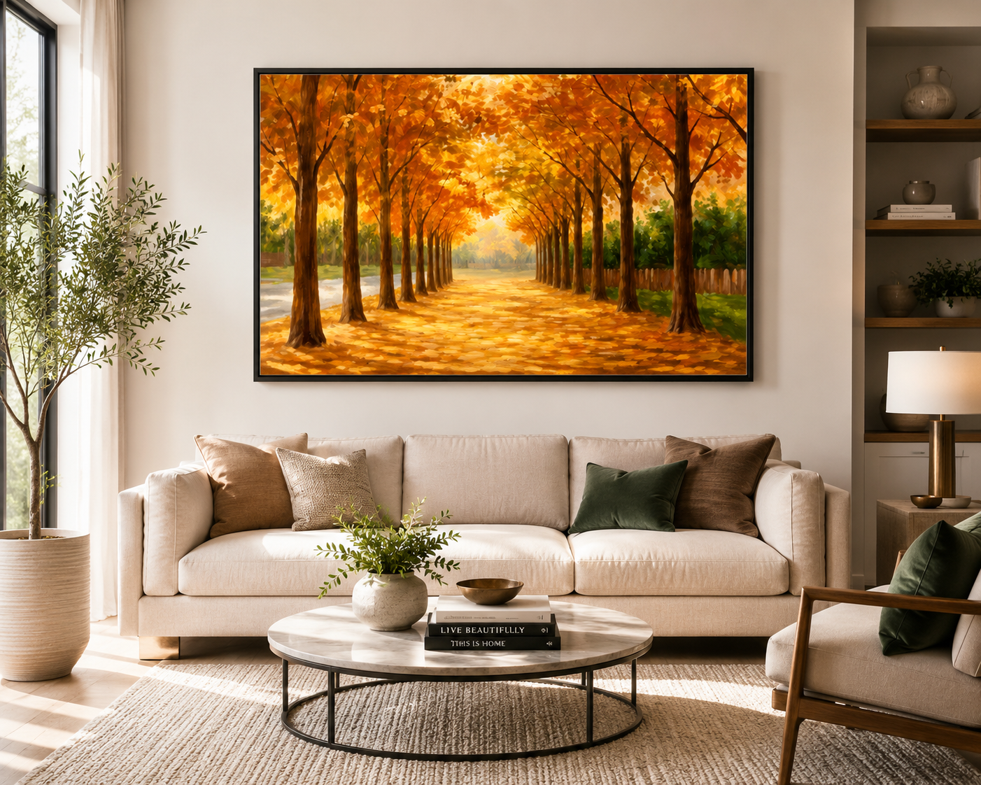 Golden Autumn Tree Avenue Oil Painting Wall Art - Framed Canvas Print