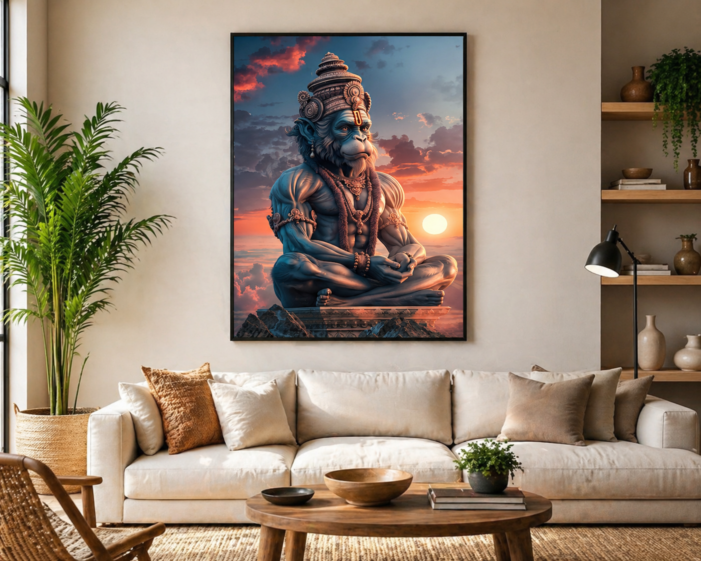 Hanuman Sunset Meditation Wall Art - Framed Canvas Print
