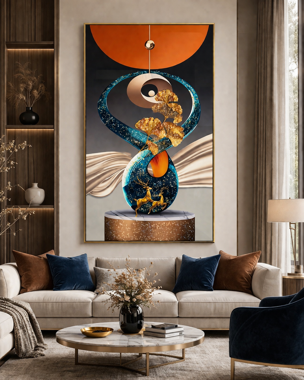 Yin Yang Golden Ginkgo Deer Diamond Crystal Porcelain Wall Art