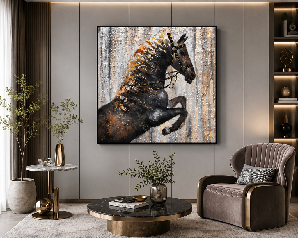 Rearing Black Horse Abstract Wall Art - Framed Canvas Print