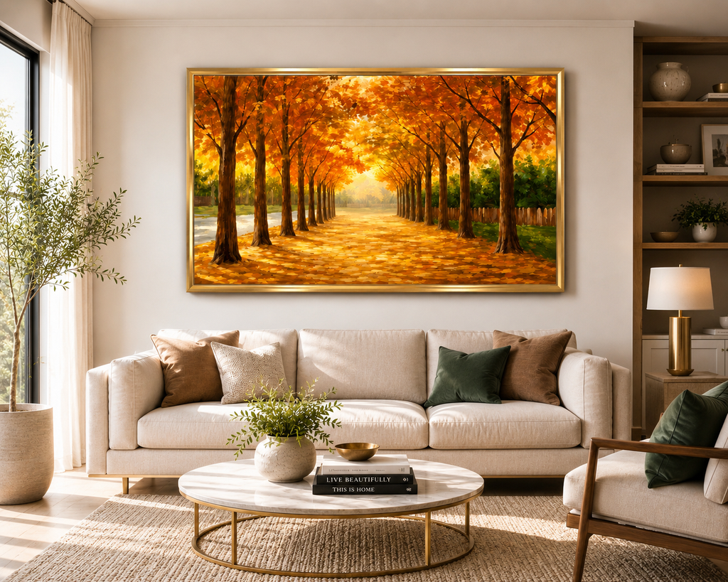 Golden Autumn Tree Avenue Oil Painting Wall Art - Framed Canvas Print