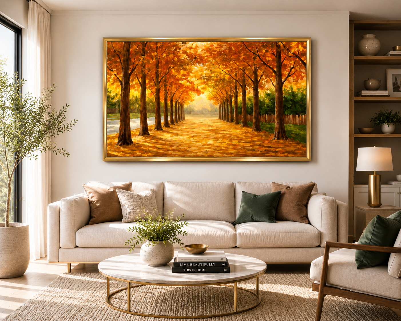 Golden Autumn Tree Avenue Oil Painting Wall Art - Framed Canvas Print