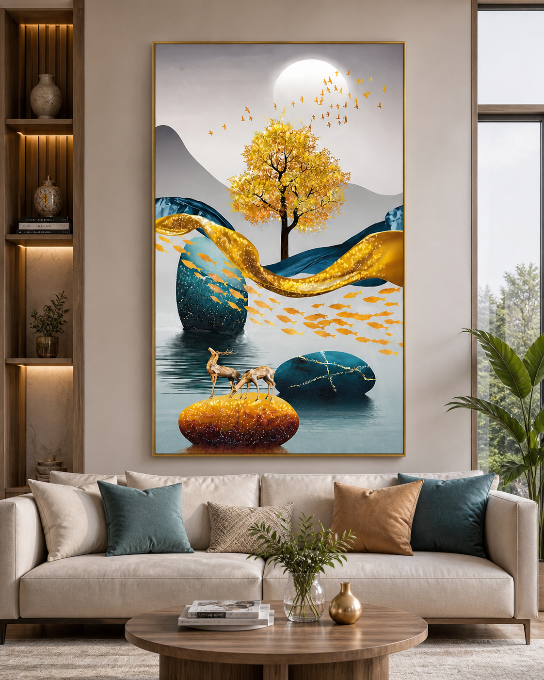 Golden Tree Golden Fish Deer Diamond Crystal Porcelain Wall Art