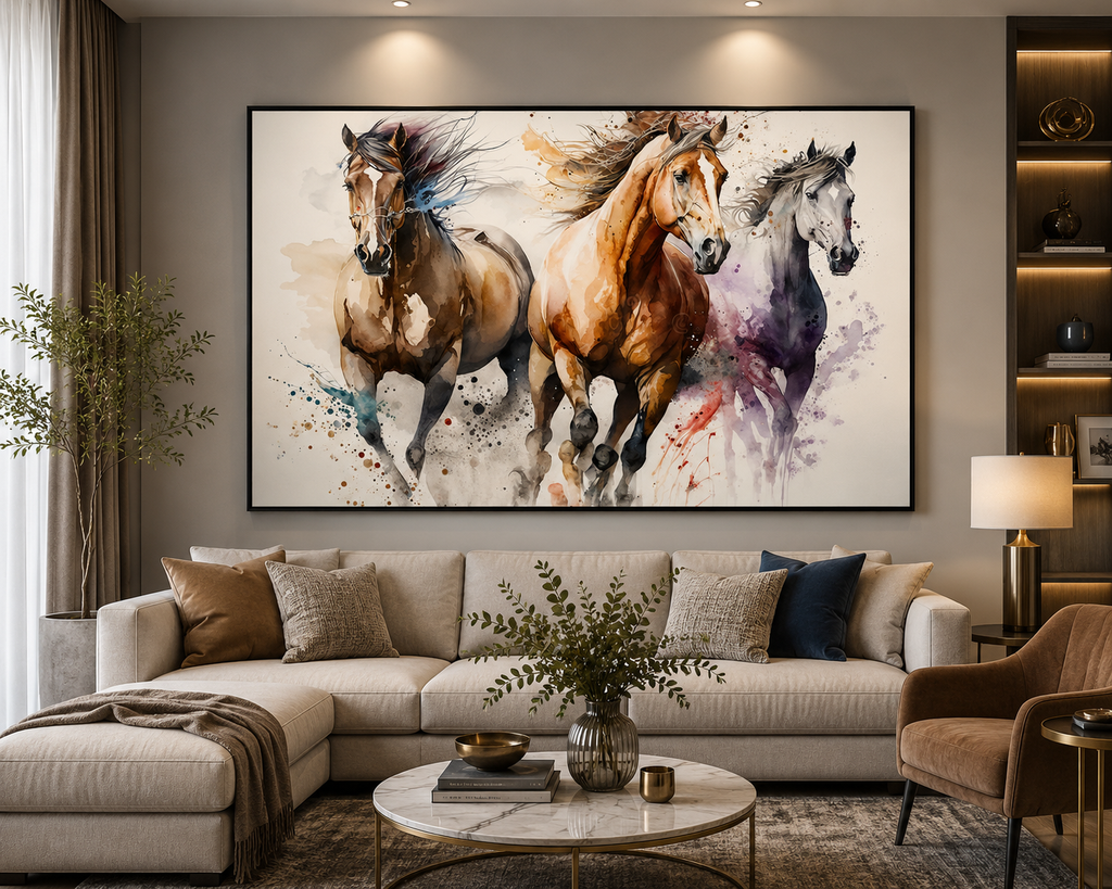Three Galloping Horses Watercolour Wall Art - Framed Canvas Print