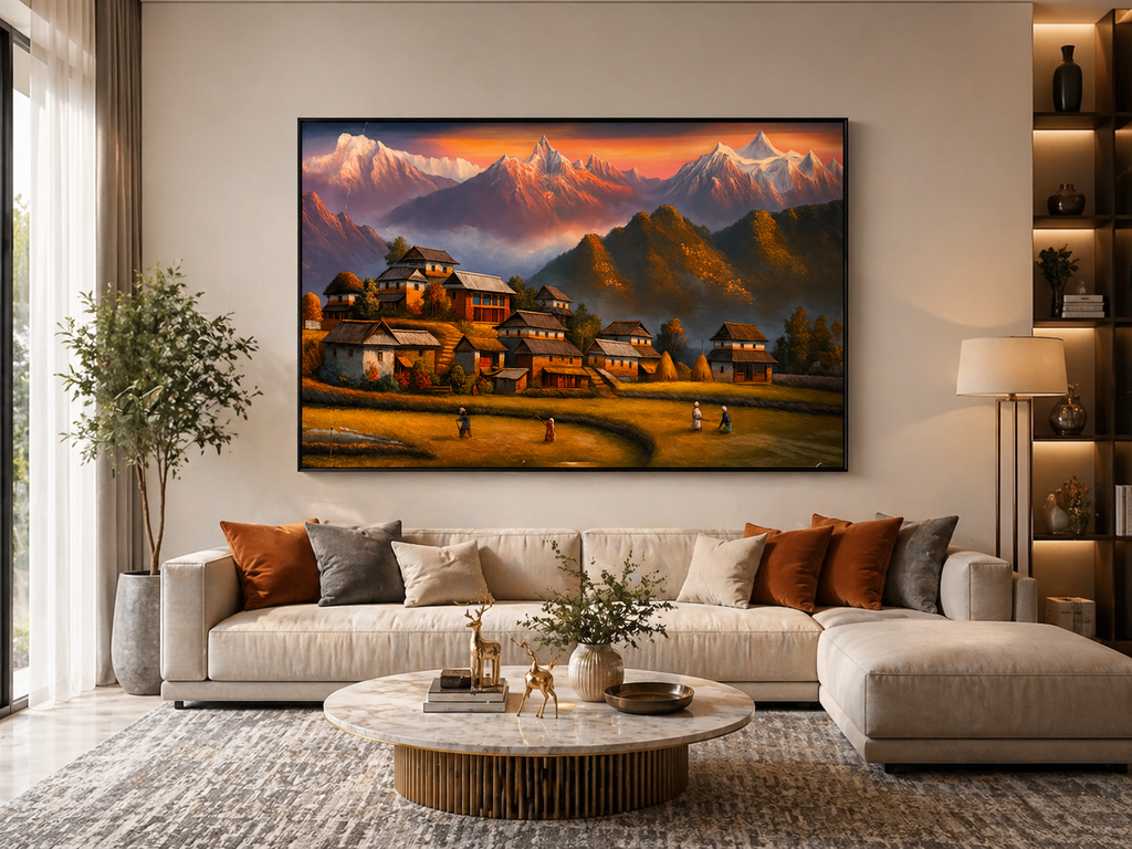 Himalayan Village Life at Sunset Wall Art - Framed Canvas Print