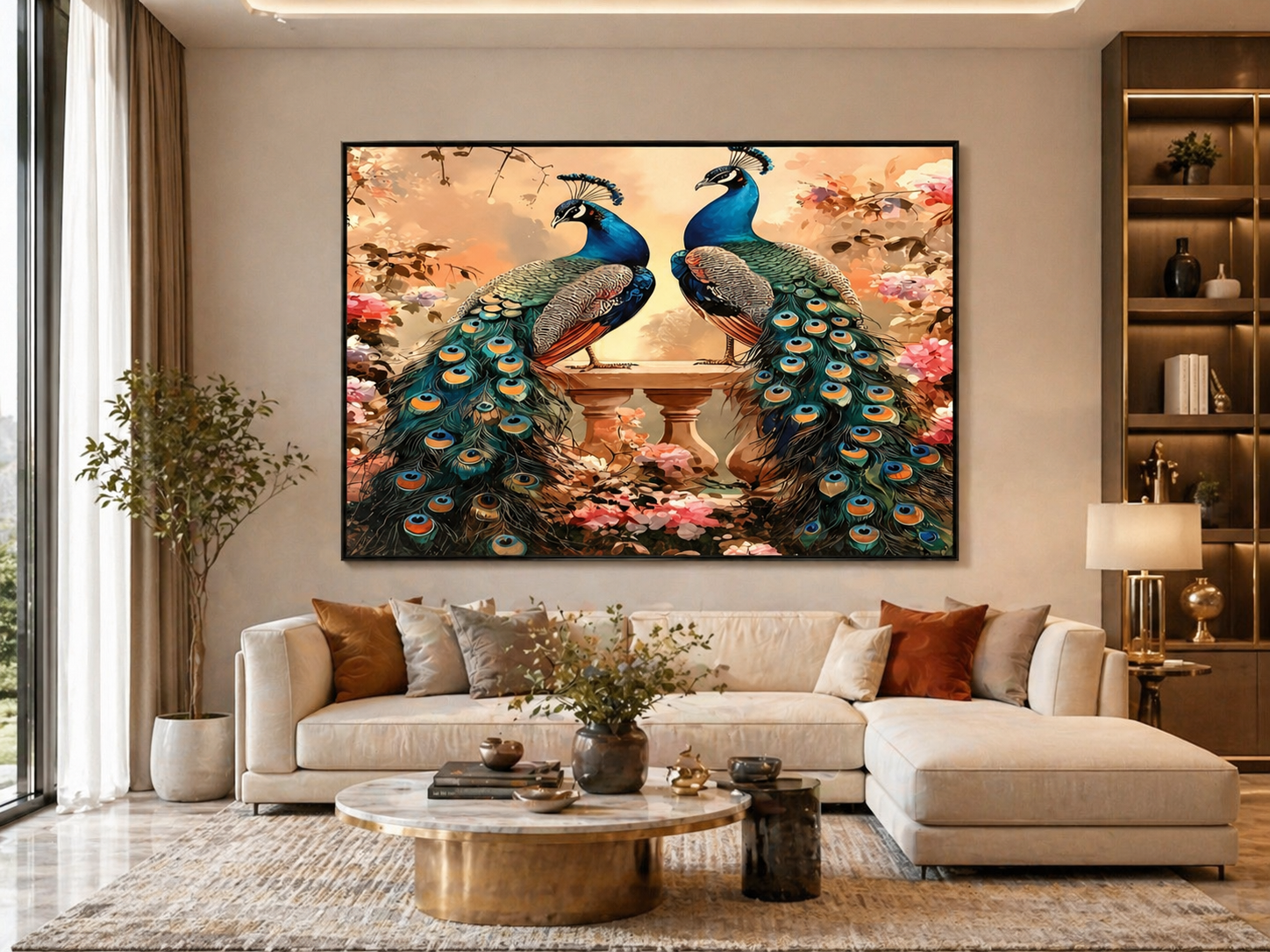 Twin Peacocks Floral Garden Wall Art - Framed Canvas Print