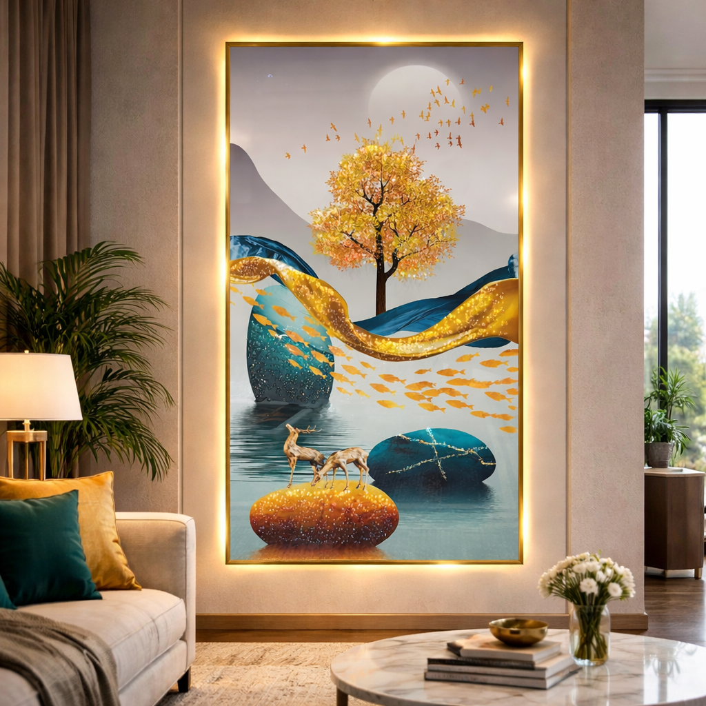 Golden Tree Golden Fish Deer Diamond Crystal Porcelain Wall Art