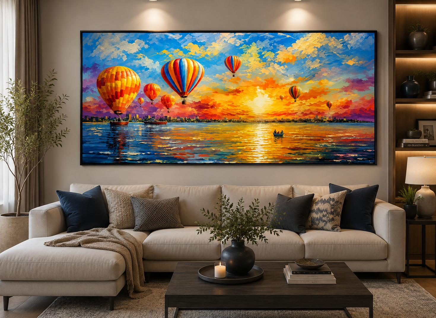 Hot Air Balloons Sunset Lake Oil Painting Wall Art - Framed Canvas Print