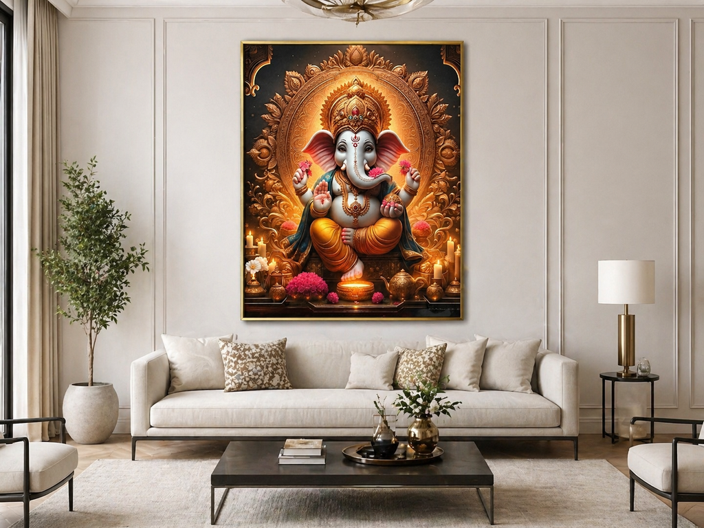Lord Ganesha Candlelit Mandala Wall Art - Framed Canvas Print