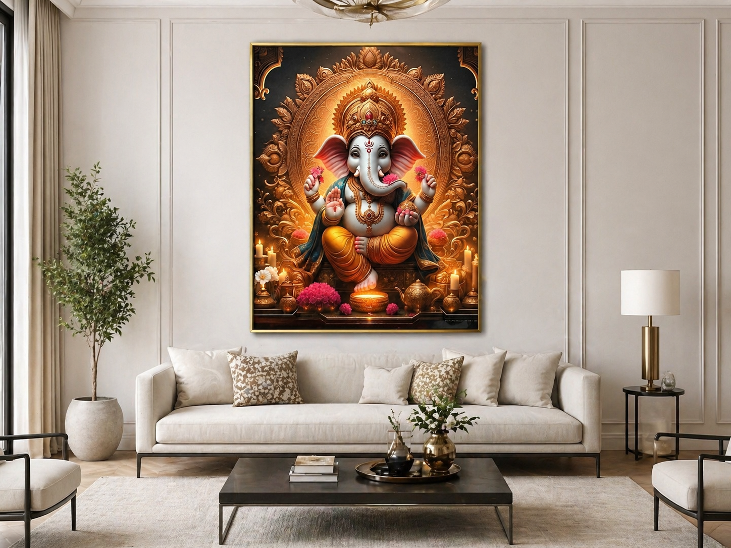 Lord Ganesha Candlelit Mandala Wall Art - Framed Canvas Print